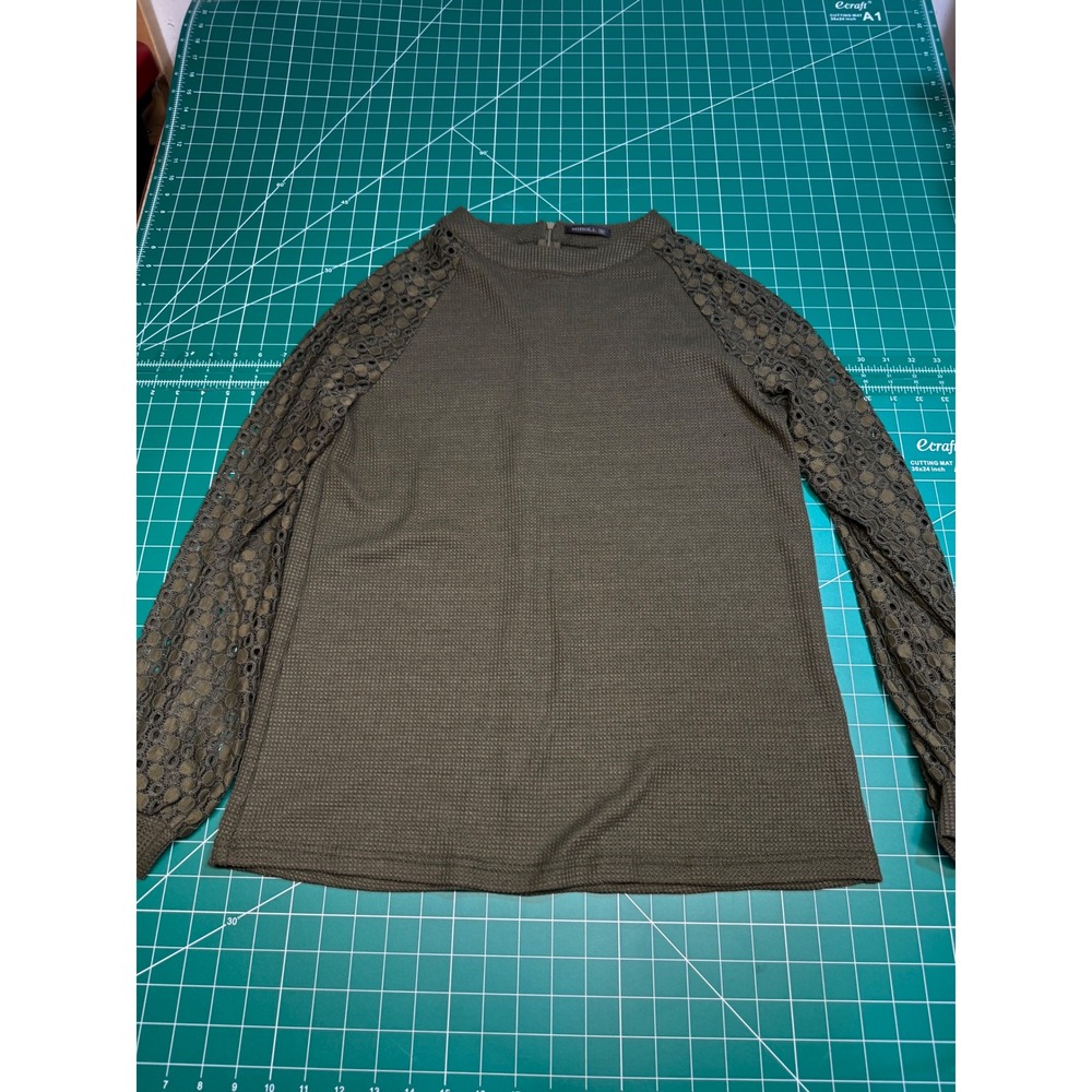 Miholl Womens Olive Green Waffle Knit Lace Crochet Long Sleeve Blouse Top Medium